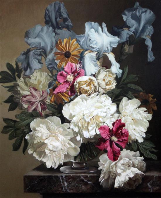 § Bennett Oates (1928-2009) White Peonies and Blue Iris 24 x 20in.